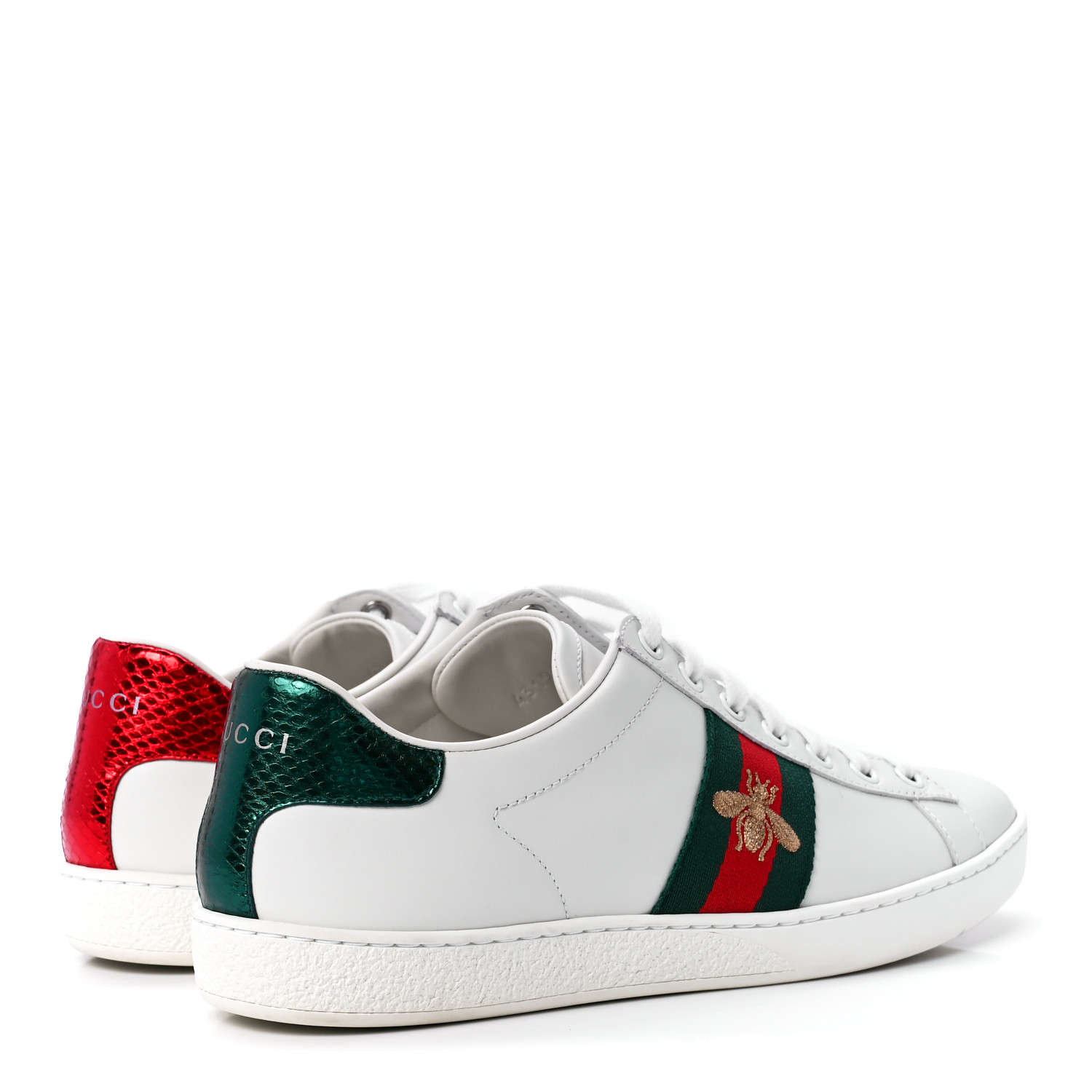 GUCCI Calfskin Ayers Bee Embroidered Womens Ace Sneakers 38 White Green GUCCI Calfskin Ayers Bee Embroidered Womens Ace Sneakers 38 White Green